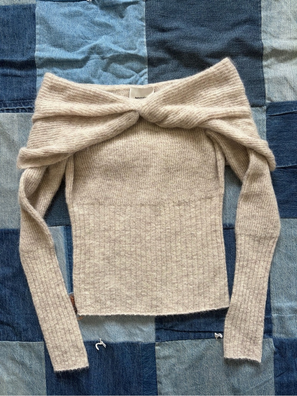 Reformation Florie Twist Sweater Beige Off The Shoulder Baby Alpaca Knit Size S